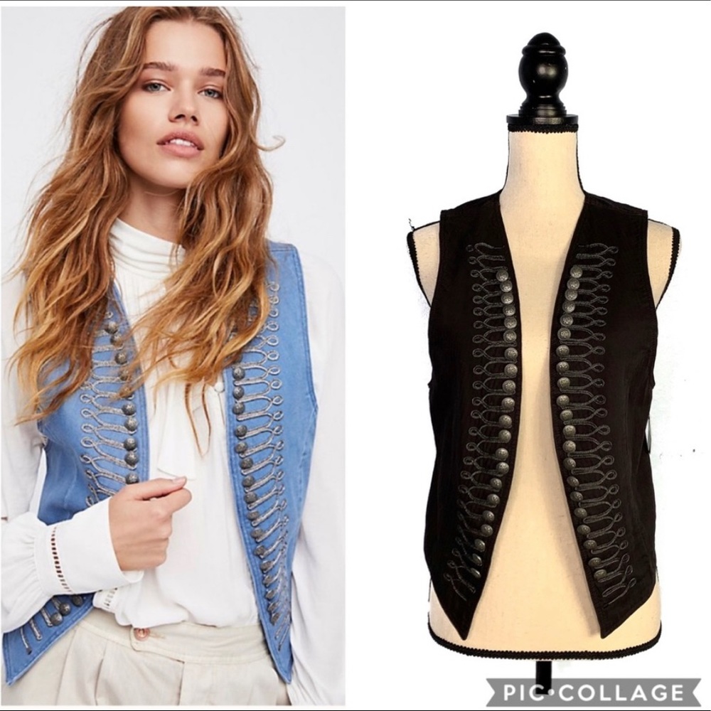 Free People Military Style Black Button Vest M